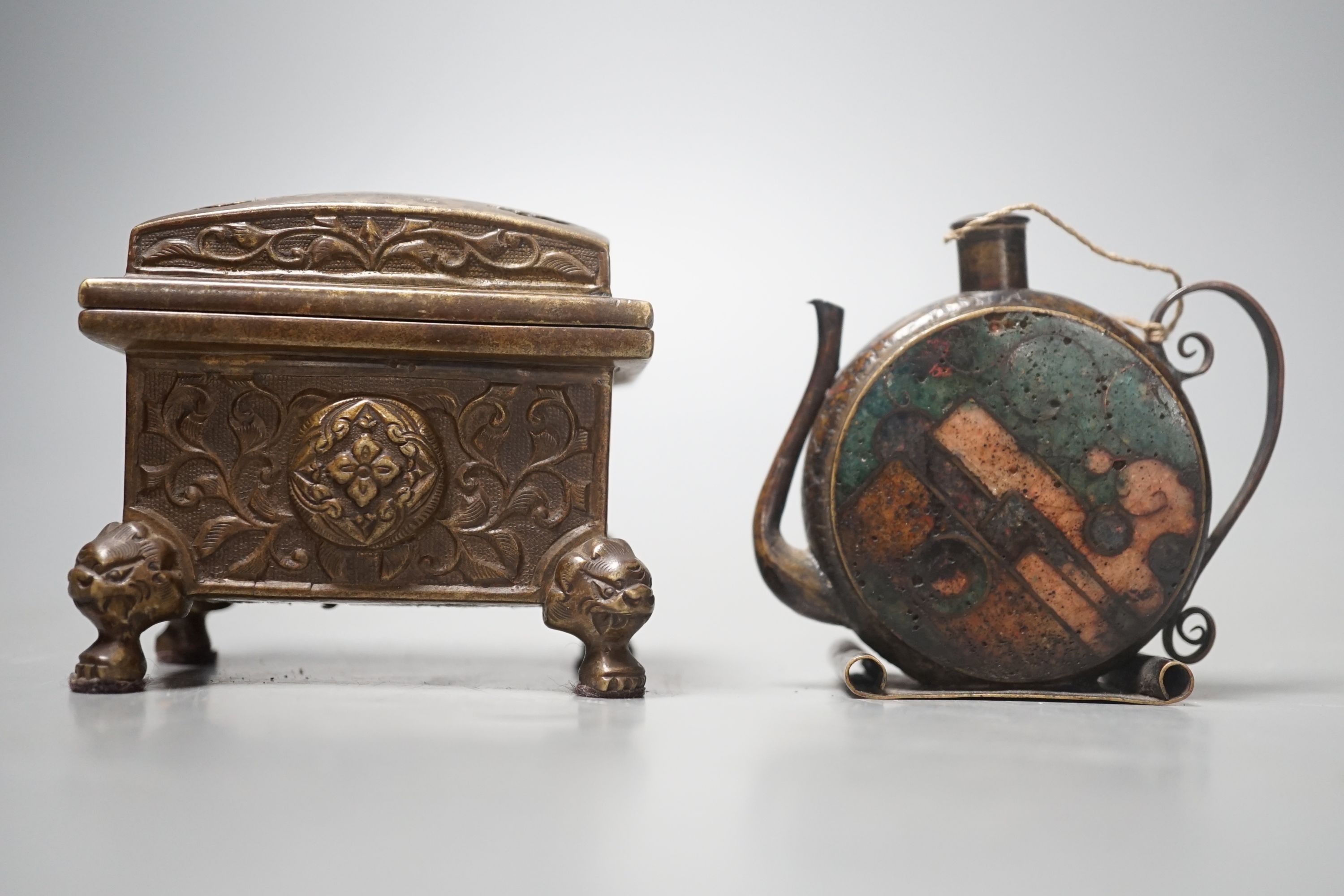 A Chinese bronze censer and a cloisonné enamel teapot, possibly Ming period